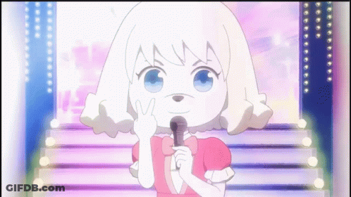 A Girl In A Pink Dress Is Holding A Microphone And Giving A Peace Sign GIF