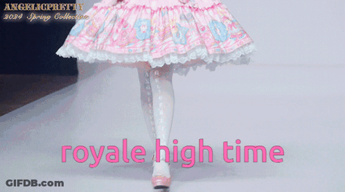 A Girl In A Pink Dress Is Holding A Teddy Bear And The Words Royale High Time Are On The Bottom GIF