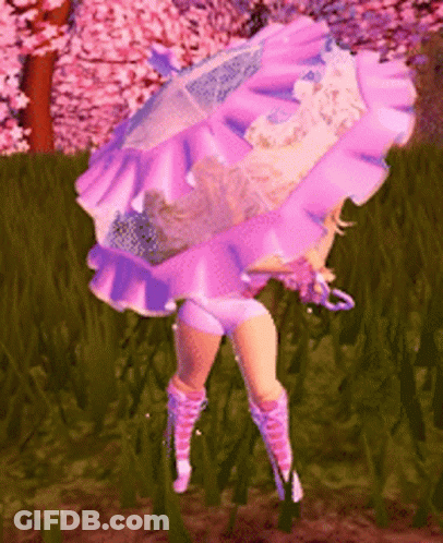 A Girl In A Pink Dress Is Holding An Umbrella In A Field Of Cherry Blossoms . GIF