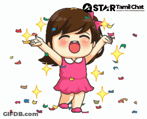 A Girl In A Pink Dress Is Surrounded By Confetti And Stars With A Star Tamil Chat Logo Above Her GIF
