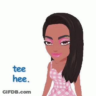 A Girl In A Pink Dress Says Tee Hee In Blue Letters GIF