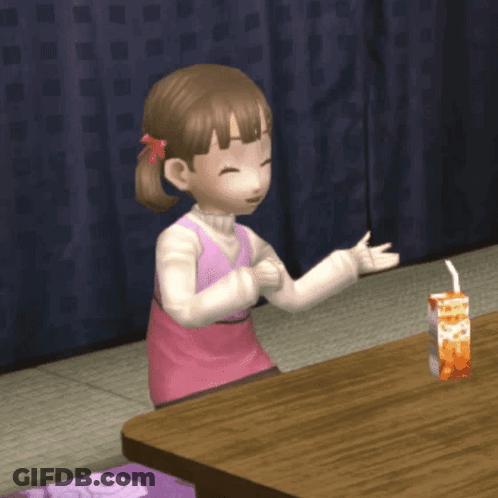 A Girl In A Pink Dress Sits At A Table With A Carton Of Orange Juice GIF