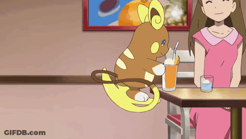 Girl In Pink Dress Sitting At Table With Cartoon Holding Orange Drink GIF