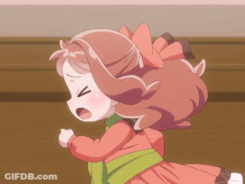 A Girl In A Pink Dress With A Bow On Her Head Is Looking Down GIF