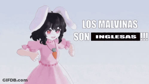 A Girl In A Pink Dress With Bunny Ears And The Words Los Malvinas Son Inglesas !!! GIF