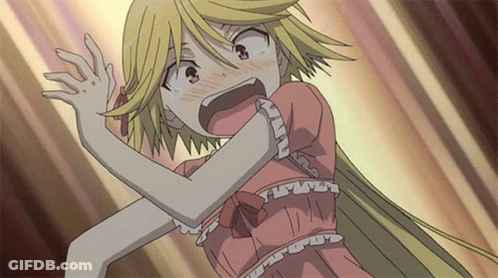 A Girl In A Pink Dress With Ruffles On The Sleeves Is Screaming GIF