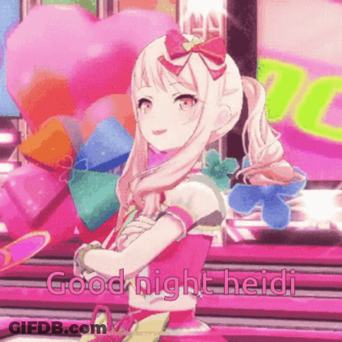 A Girl In A Pink Dress With The Words Good Night Heidi Written On The Bottom GIF