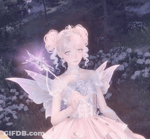 A Girl In A Pink Dress With Wings Is Holding A Flower GIF