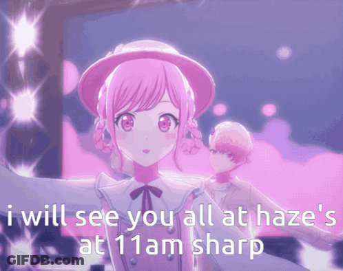 A Girl In A Pink Hat Says I Will See You All At Haze 'S At 11 Am Sharp GIF
