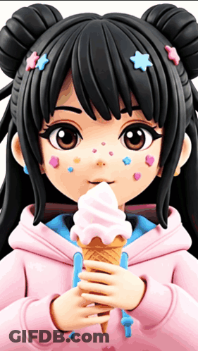A Girl In A Pink Hoodie Is Holding An Ice Cream Cone In Her Hand GIF