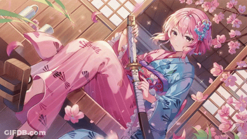 A Girl In A Pink Kimono Holds A Sword GIF