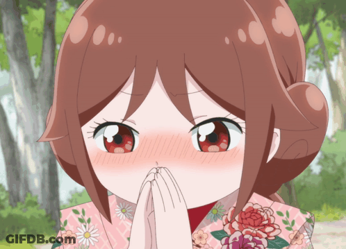 A Girl In A Pink Kimono With Flowers On It Is Covering Her Mouth With Her Hands GIF