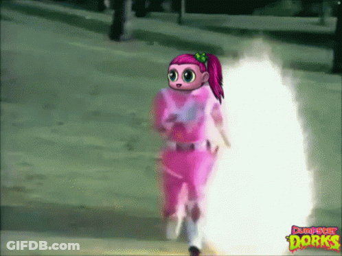A Girl In A Pink Outfit Is Running Down A Street With The Words Dumpster Dorks In The Corner GIF
