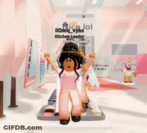 A Girl In A Pink Outfit Is Standing In Front Of A Kitchen Leader Sign . GIF
