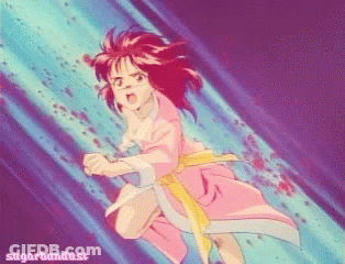 A Girl In A Pink Robe With A Yellow Belt Is Being Attacked By A Purple Background With The Words Sugarbundust Written On GIF