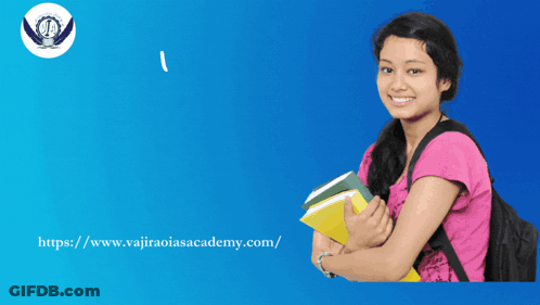 A Girl In A Pink Shirt Is Holding A Book In Front Of A Blue Background GIF