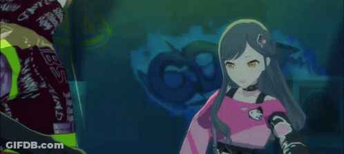 A Girl In A Pink Shirt Is Standing Next To A Man In A Purple Shirt That Says Mrc On It GIF