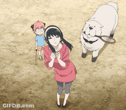 A Girl In A Pink Shirt Is Standing Next To A White Dog With A Tennis Racquet On Its Head GIF