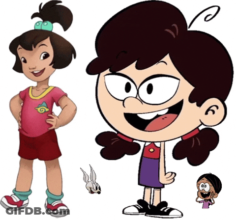 A Girl In A Pink Shirt With A Swirl On It Is Next To A Cartoon Girl GIF