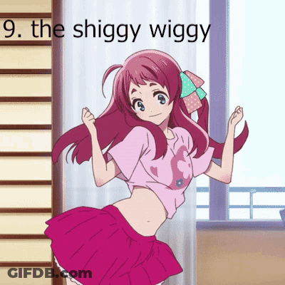 A Girl In A Pink Skirt Is Dancing In Front Of A Window With The Words " The Shiggy Wiggy " Above Her GIF