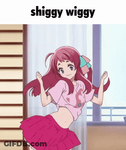 A Girl In A Pink Skirt Is Dancing With The Words Shiggy Wiggy Below Her GIF