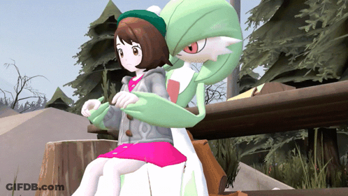A Girl In A Pink Skirt Sits On A Bench Next To A Pokemon GIF