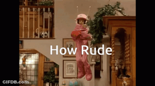 A Girl In A Pink Space Suit Is Flying Through The Air With The Words " How Rude " Below Her GIF