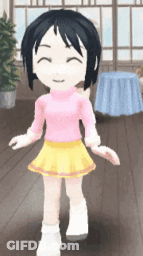 A Girl In A Pink Sweater And Yellow Skirt Is Dancing GIF
