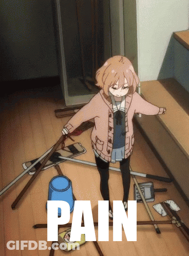A Girl In A Pink Sweater Is Standing In A Messy Room With The Word Pain Below Her GIF