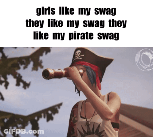 A Girl In A Pirate Hat Looking Through A Telescope With The Caption Girls Like My Swag GIF