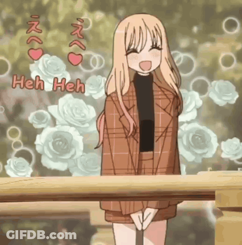 A Girl In A Plaid Jacket Is Standing Next To A Wooden Railing With Flowers In The Background . GIF