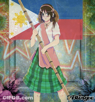 A Girl In A Plaid Skirt Is Holding A Bamboo Pole In Front Of A Flag GIF