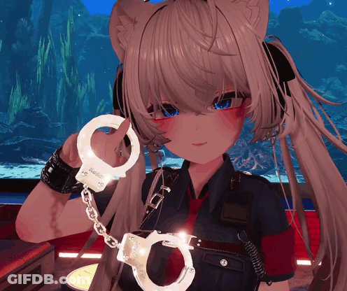 A Girl In A Police Uniform Is Holding A Pair Of Handcuffs With The Word Justice On It GIF