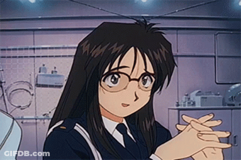 A Girl In A Police Uniform With Glasses Is Holding Her Hands Together GIF
