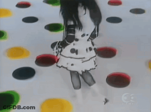 A Girl In A Polka Dot Dress Is Playing A Game With Colorful Circles GIF