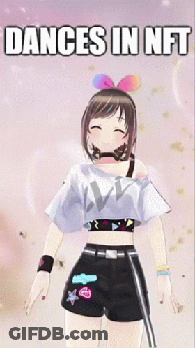 A Girl In A Ponytail Is Dancing In A Video Game With The Words `` Dances In Nft '' . GIF