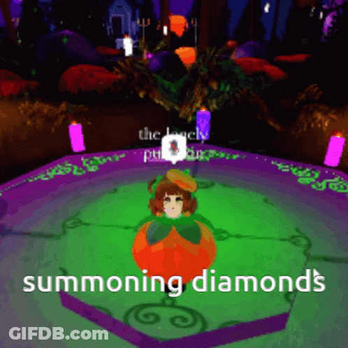 A Girl In A Pumpkin With The Words Summoning Diamonds Written On The Bottom GIF