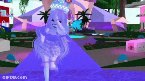 A Girl In A Purple Dress And Tiara Is Standing In A Park . GIF