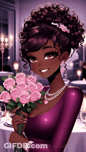 A Girl In A Purple Dress Holding A Bouquet Of Pink Roses GIF