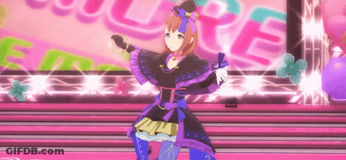 A Girl In A Purple Dress Is Dancing On A Stage In Front Of A Sign That Says Couture GIF