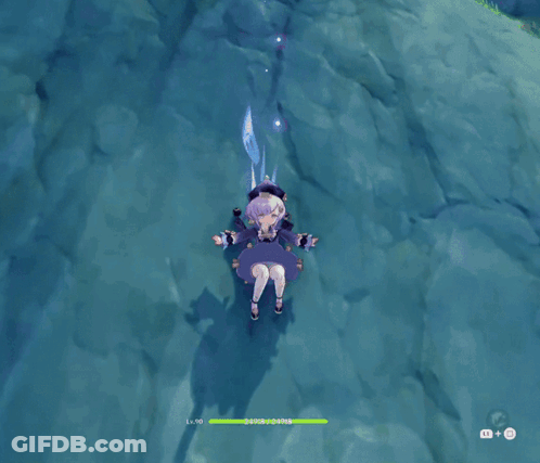 A Girl In A Purple Dress Is Floating In The Water And Has A Lv 90 GIF
