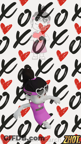 A Girl In A Purple Dress Is Holding A Heart In Front Of A Pattern Of Hearts And The Word Zhou On The Bottom GIF