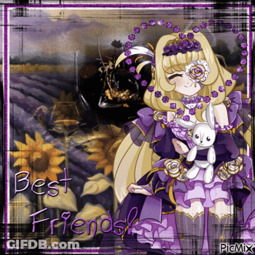 A Girl In A Purple Dress Is Holding A Stuffed Bunny With The Words Best Friends Written On It GIF