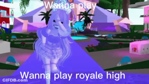 A Girl In A Purple Dress Is Standing In A Park With The Words Wanna Play Royale High On The Bottom . GIF