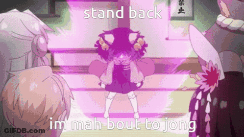 A Girl In A Purple Dress Is Standing In Front Of A Group Of People With The Words `` Stand Back Im Mah Bout To Jong '' . GIF
