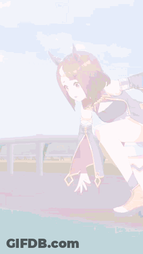 A Girl In A Purple Dress Is Standing On A Track With Her Eyes Closed . GIF