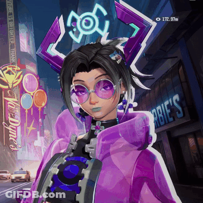 A Girl In A Purple Jacket Is Standing In Front Of A Building That Says ' Robin 'S ' On It GIF