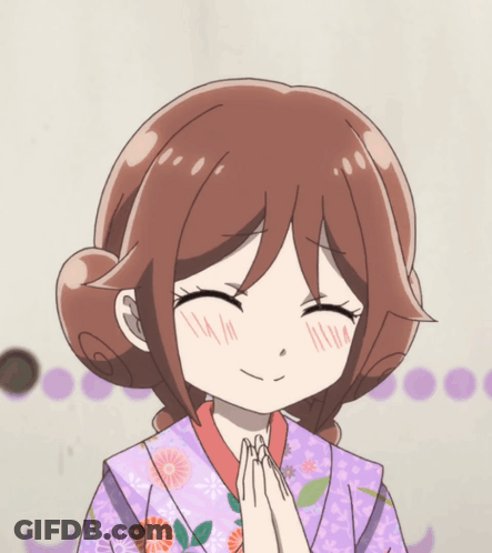 A Girl In A Purple Kimono Is Smiling With Her Hands Folded GIF