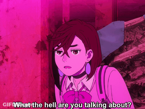A Girl In A Purple Outfit Is Asking What The Hell Are You Talking About GIF