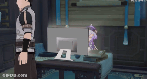A Girl In A Purple Outfit Is Standing In Front Of A Computer Monitor GIF